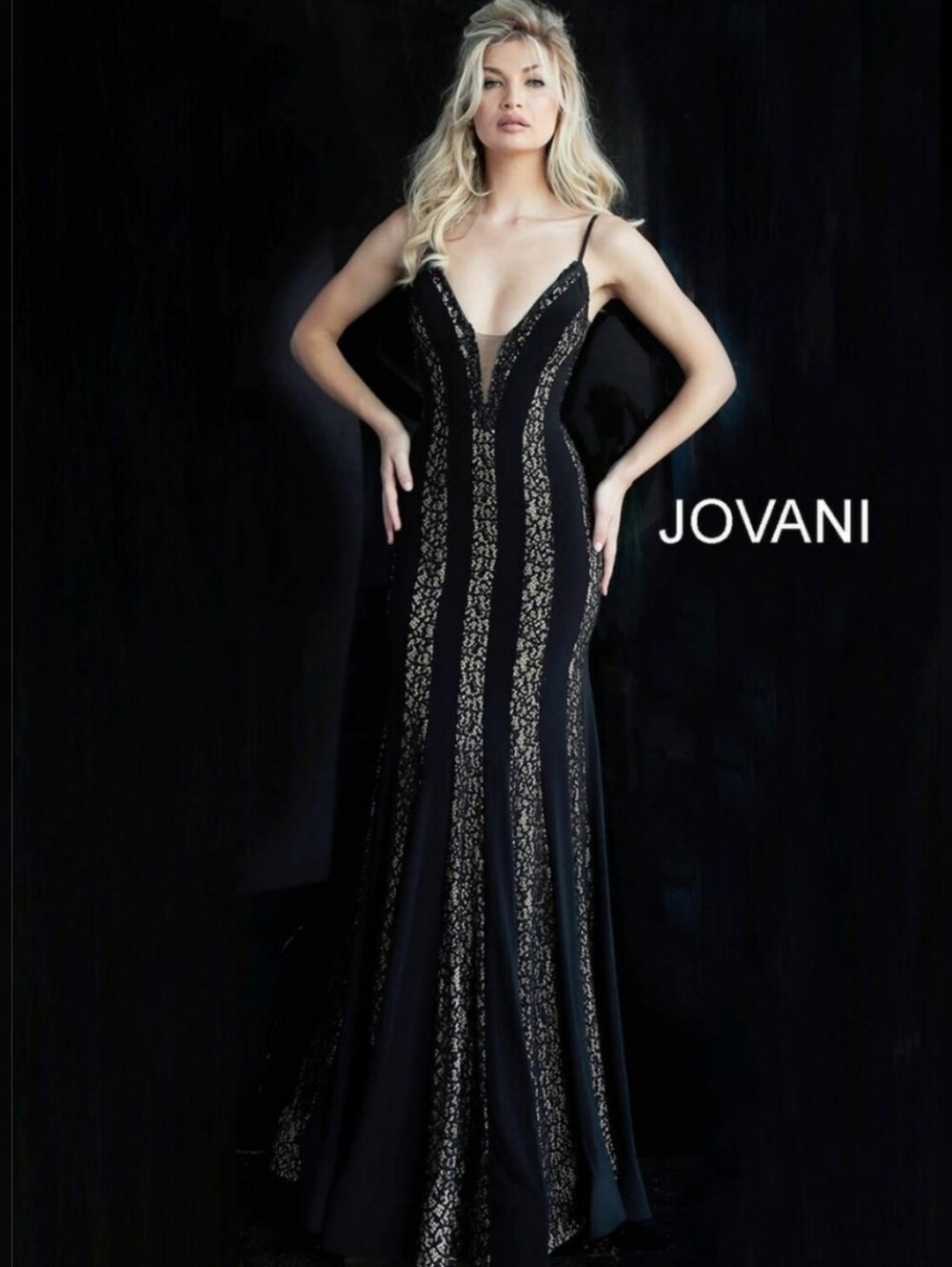 Brand New Elegant Black Lace-Panel Evening Gown